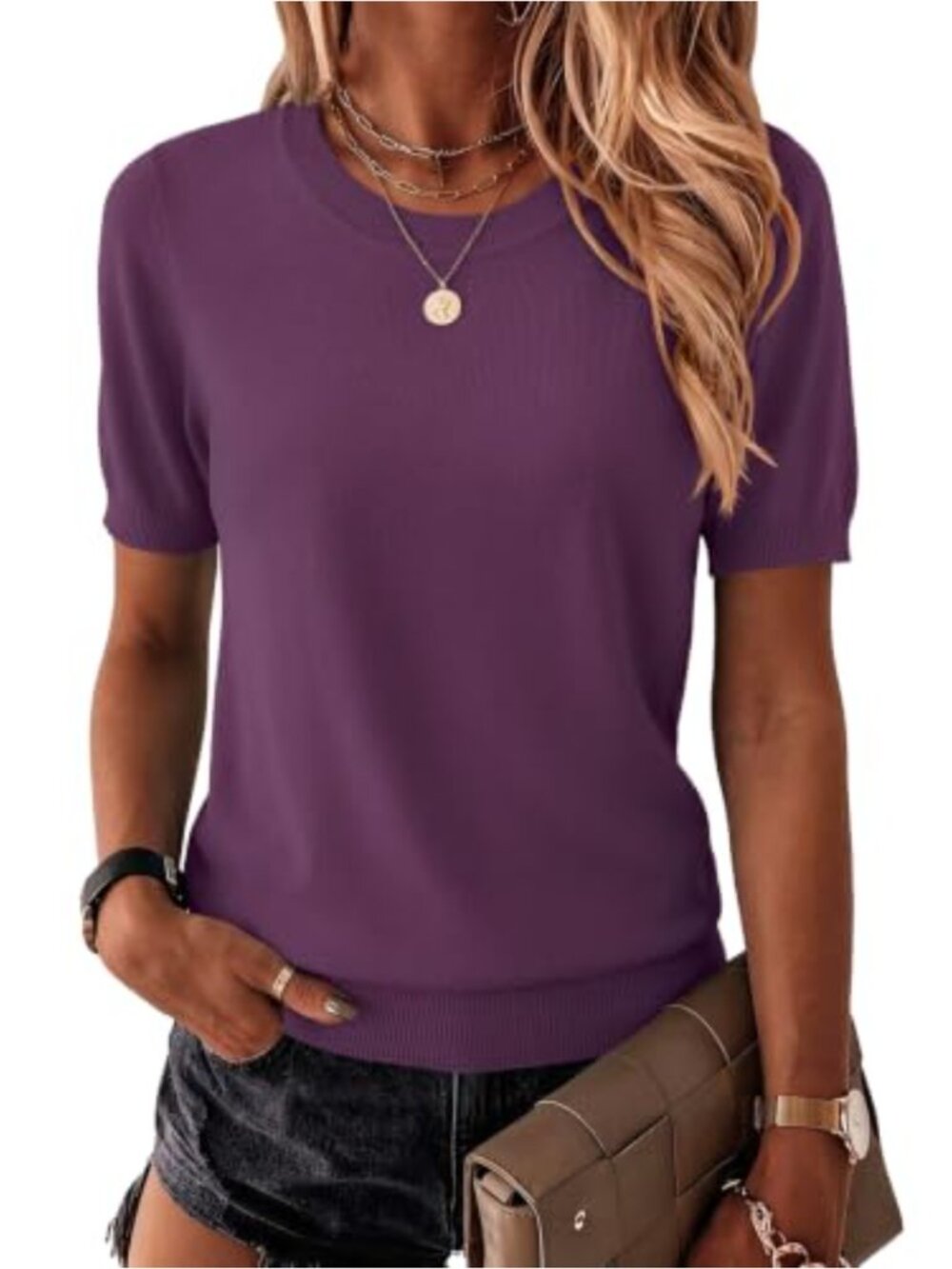 Women's Lightweight Short Sleeve Crew Neck Pullover Sweater, Viscose Knit